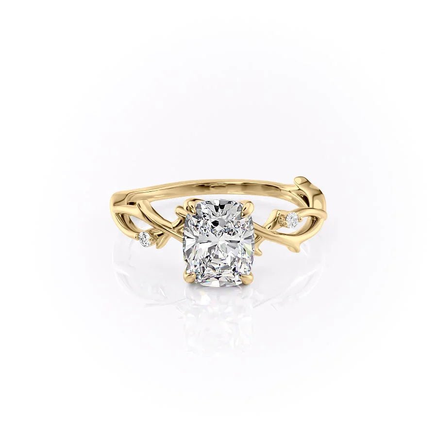 The Twig Set With A 1 Carat E. Cushion 18K Yellow Gold Lab Diamond