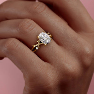 The Twig Set With A 1 Carat E. Cushion 18K Yellow Gold Lab Diamond