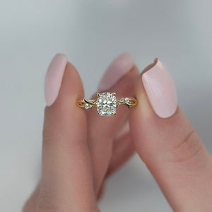 The Twig Set  With A 2.5 Carat E. Cushion 14K Yellow Gold Moissanite