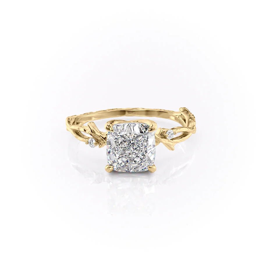 The Textured Twig Set With A 3 Carat Cushion 18K Yellow Gold Lab Diamond