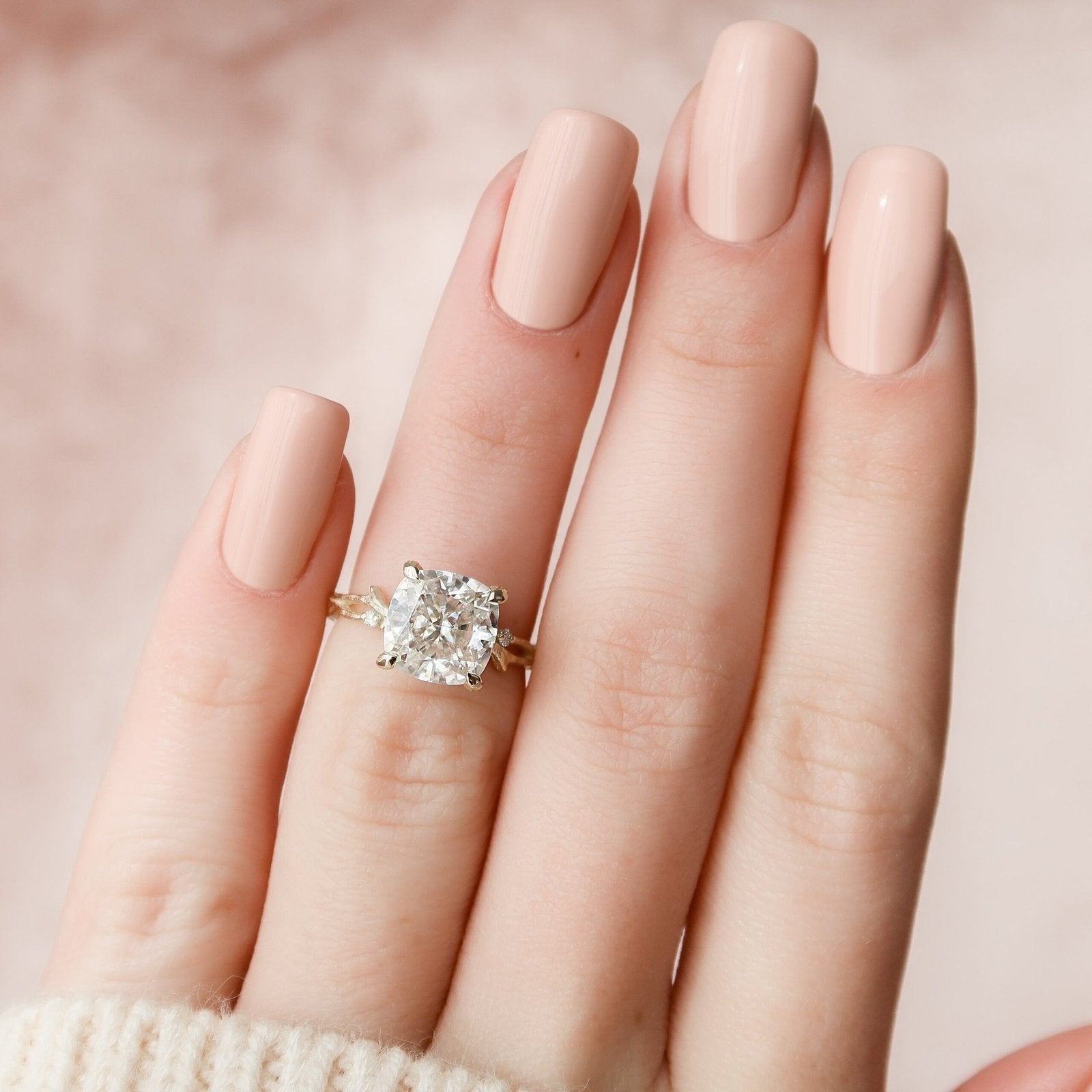 The Textured Twig Set With A 1 Carat Cushion 18K Yellow Gold Lab Diamond