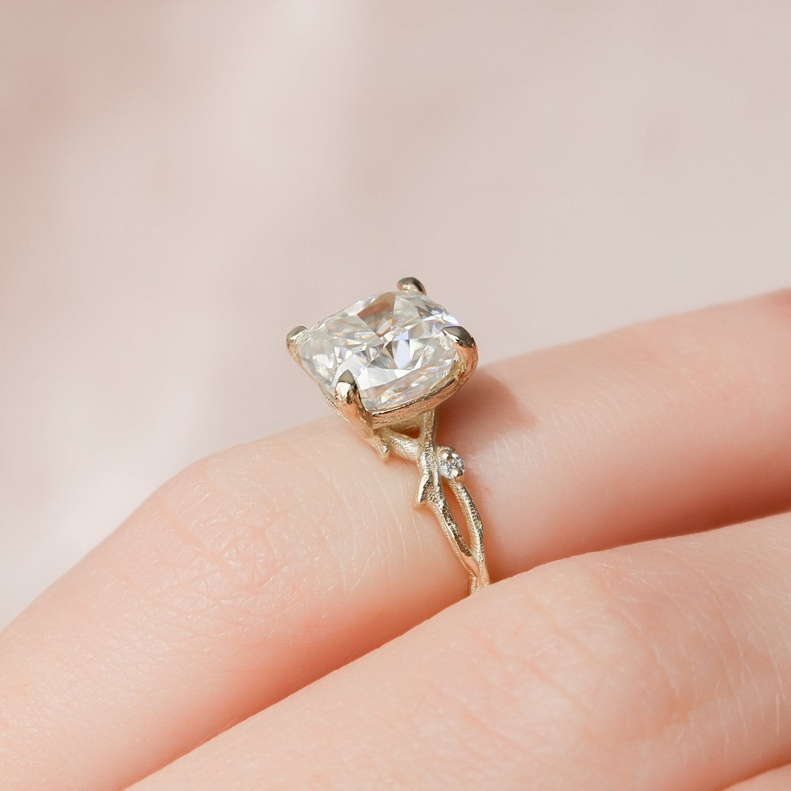 The Textured Twig Set With A 1 Carat Cushion 18K Yellow Gold Lab Diamond