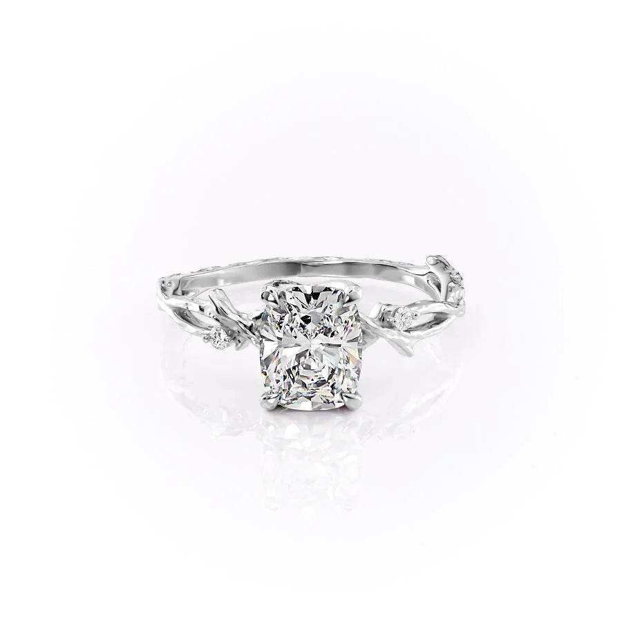 The Textured Twig Set  With A 1 Carat E. Cushion 14K White Gold Moissanite