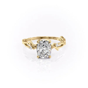 The Textured Twig Set  With A 1 Carat E. Cushion 14K Yellow Gold Moissanite