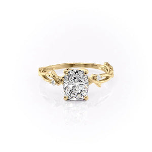 The Textured Twig Set  With A 2.5 Carat E. Cushion 14K Yellow Gold Moissanite