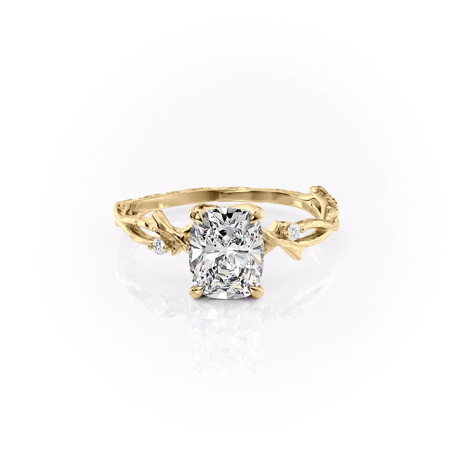 The Textured Twig Set  With A 1 Carat E. Cushion 18K Yellow Gold Moissanite