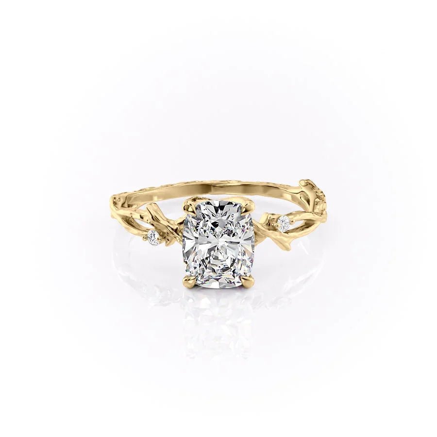 The Textured Twig Set With A 3 Carat E. Cushion 14K Yellow Gold Lab Diamond