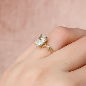 The Textured Twig Set  With A 2.5 Carat E. Cushion 18K Yellow Gold Moissanite