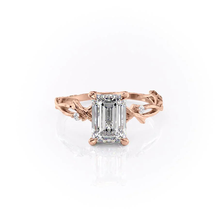 The Textured Twig Set  With A 1 Carat Emerald 14K Rose Gold Moissanite