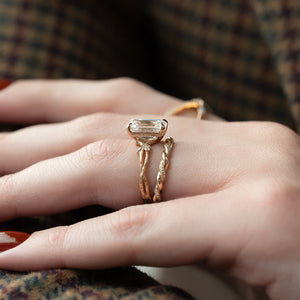 The Textured Twig Set  With A 3 Carat Emerald 14K Rose Gold Moissanite