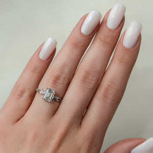 The Textured Twig Set  With A 1 Carat Emerald 14K White Gold Moissanite