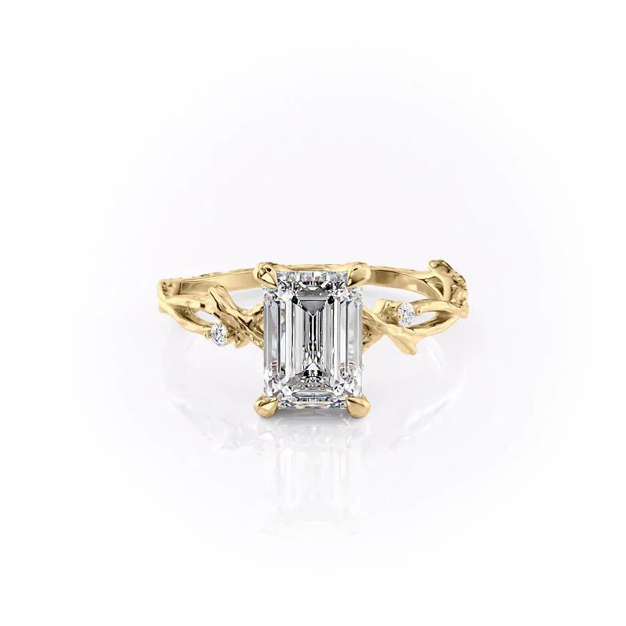 The Textured Twig Set  With A 2 Carat Emerald 18K Yellow Gold Moissanite