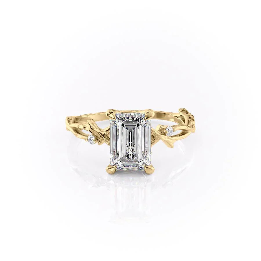 The Textured Twig Set  With A 1 Carat Emerald 14K Yellow Gold Moissanite
