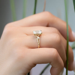 The Textured Twig Set  With A 1.5 Carat Emerald 14K Yellow Gold Moissanite