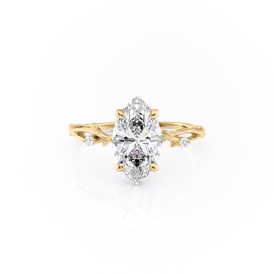 The Textured Twig Set With A 3 Carat Marquise 18K Yellow Gold Lab Diamond