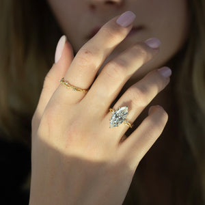 The Textured Twig Set  With A 5 Carat Marquise 14K Yellow Gold Moissanite