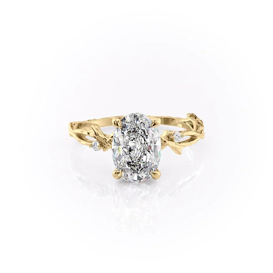 The Textured Twig Set  With A 1 Carat Oval 14K Yellow Gold Moissanite