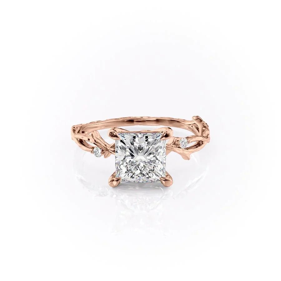 The Textured Twig Set  With A 2 Carat Princess 14K Rose Gold Moissanite