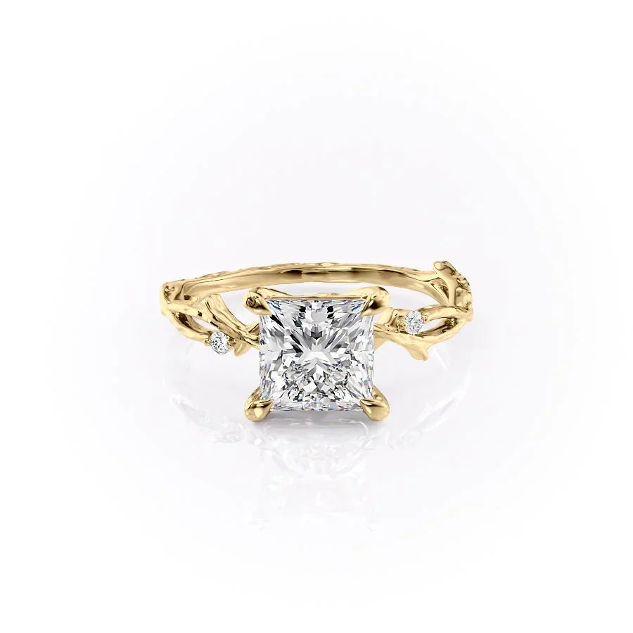 The Textured Twig Set  With A 1 Carat Princess 18K Yellow Gold Moissanite