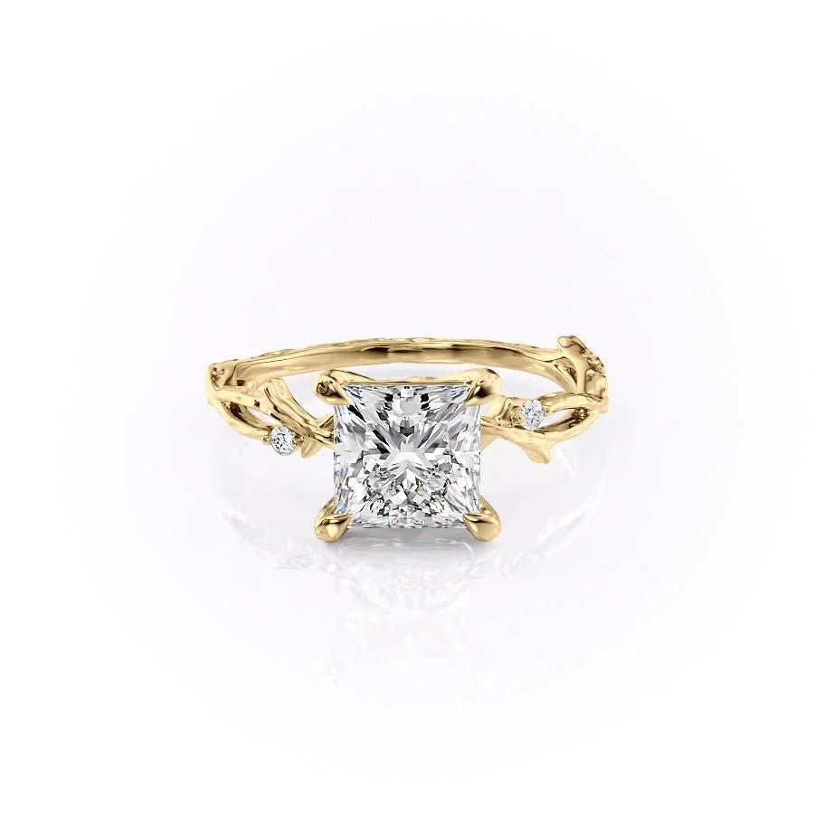 The Textured Twig Set With A 3 Carat Princess 18K Yellow Gold Lab Diamond