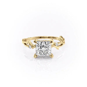 The Textured Twig Set  With A 1 Carat Princess 14K Yellow Gold Moissanite