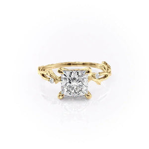 The Textured Twig Set  With A 2 Carat Princess 18K Yellow Gold Moissanite