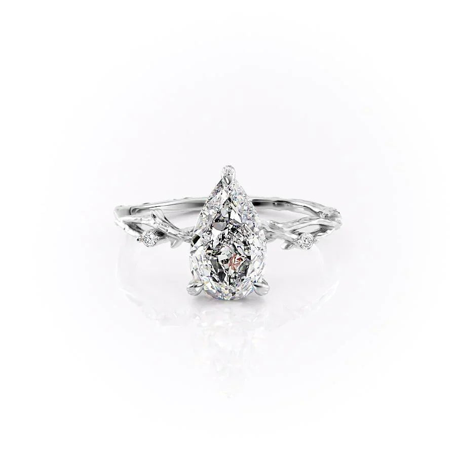 The Textured Twig Set  With A 3 Carat Pear 14K White Gold Moissanite
