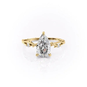 The Textured Twig Set  With A 1 Carat Pear 14K Yellow Gold Moissanite