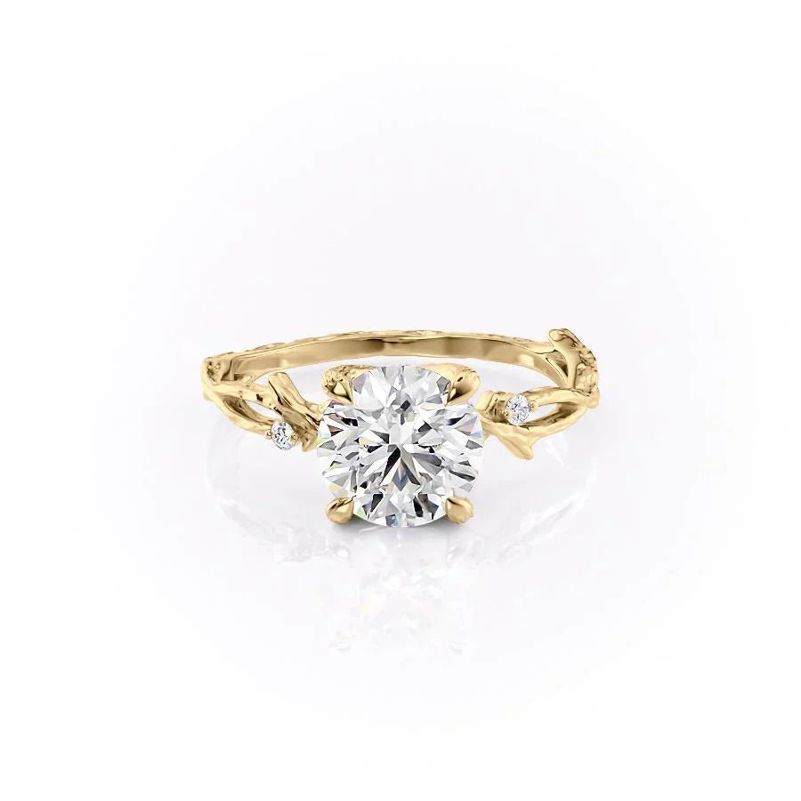 The Textured Twig Set  With A 2.5 Carat Round 18K Yellow Gold Moissanite