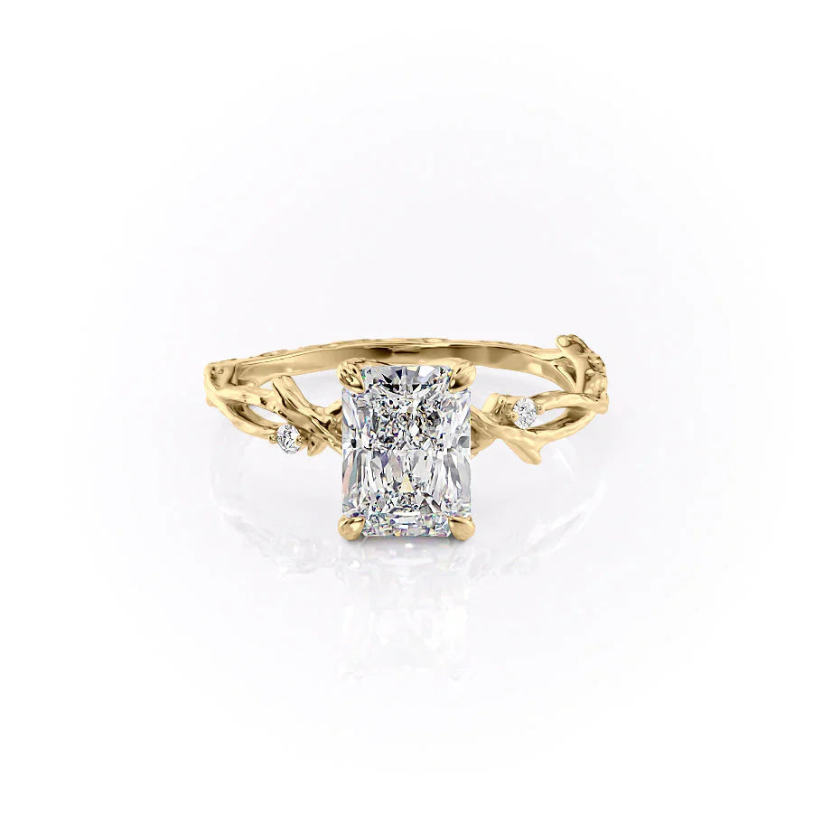 The Textured Twig Set  With A 1 Carat Radiant 14K Yellow Gold Moissanite