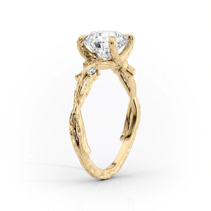 The Textured Twig Set  With A 2.5 Carat E. Cushion 18K Yellow Gold Moissanite