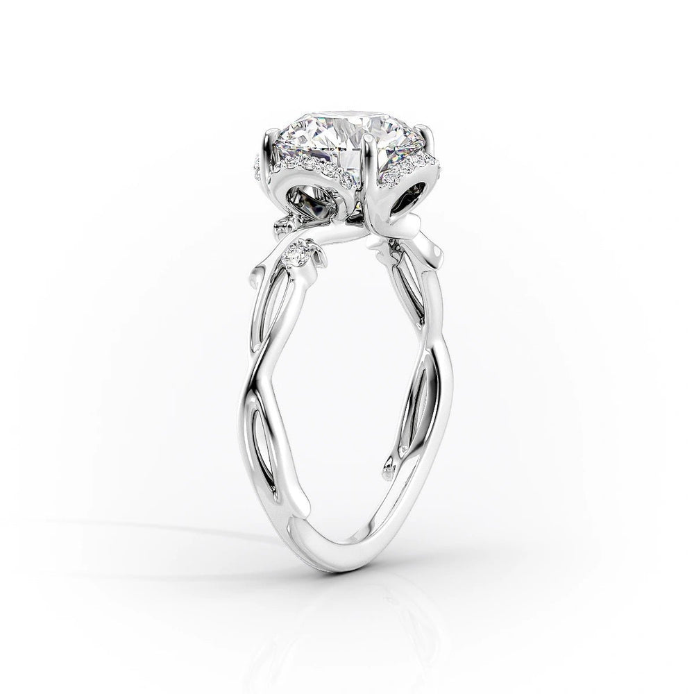 The Halo Twig Set  With A 4.5 Carat E. Cushion 14K White Gold Moissanite